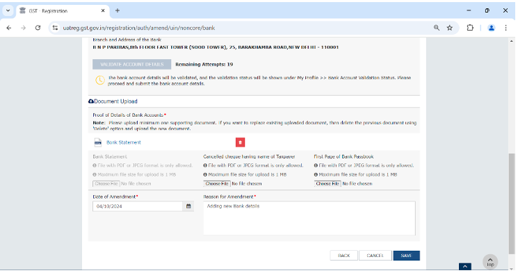 Bank Account Details on GST Portal